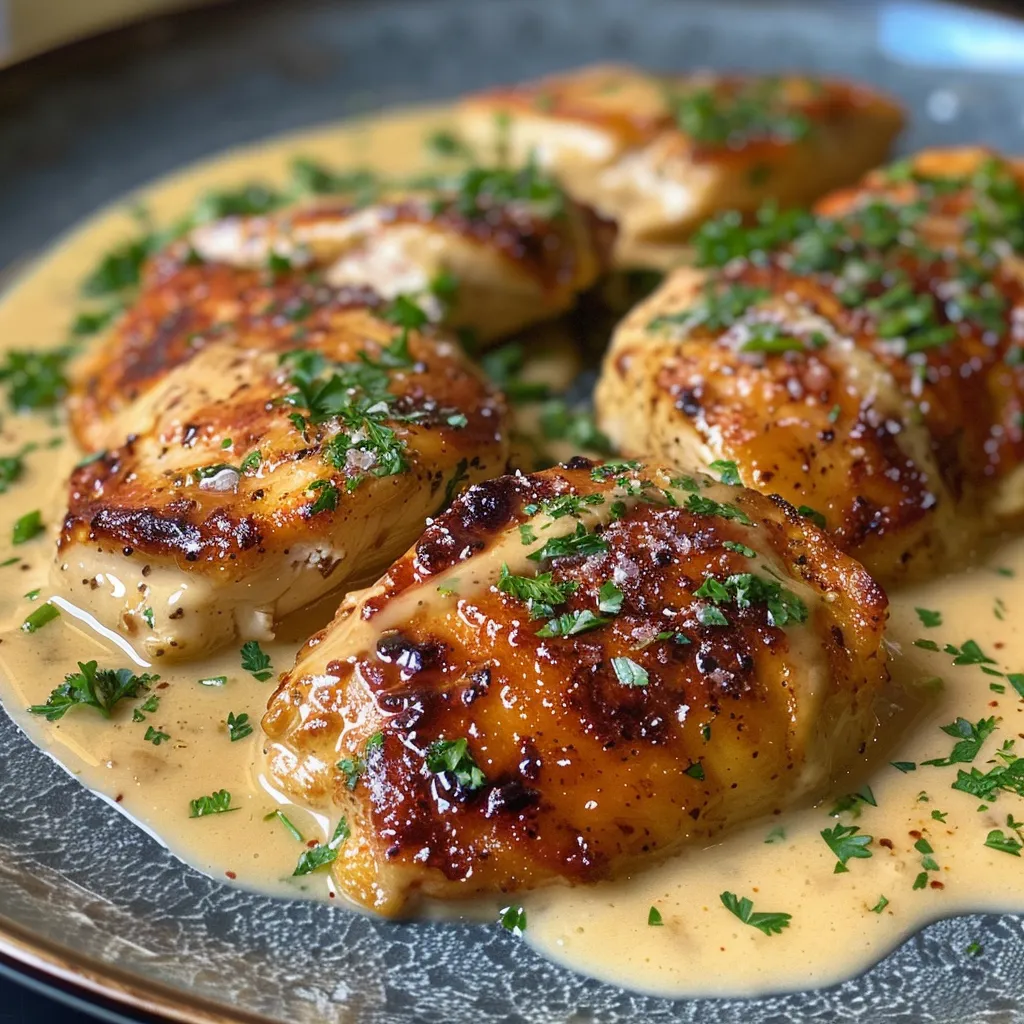 Primer plano de filetes de pollo jugosos bañados en salsa de ajo y queso parmesano.