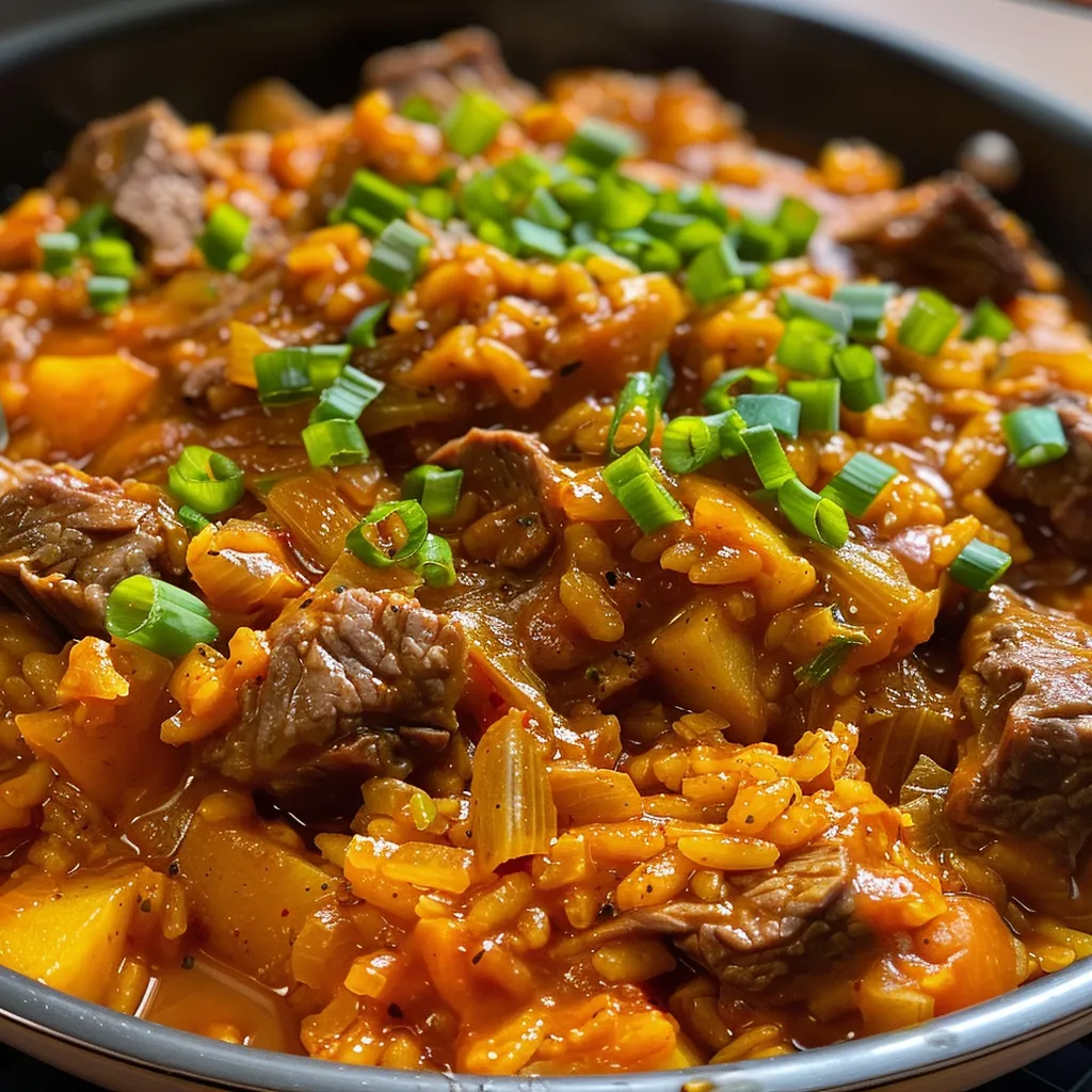 Guiso de arroz y carne en un plato, mostrando ingredientes frescos y jugosos.