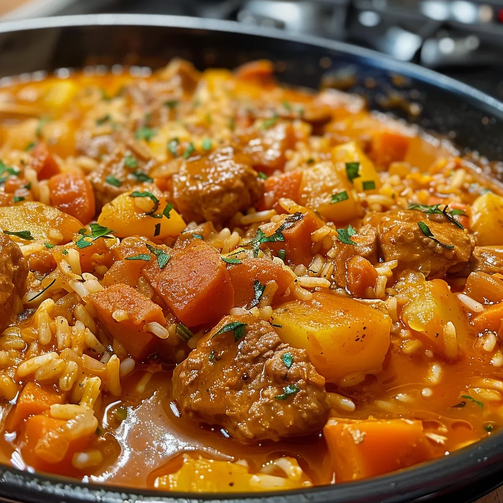 Close up de Guiso de arroz y carne, con trozos de carne y verduras visibles.