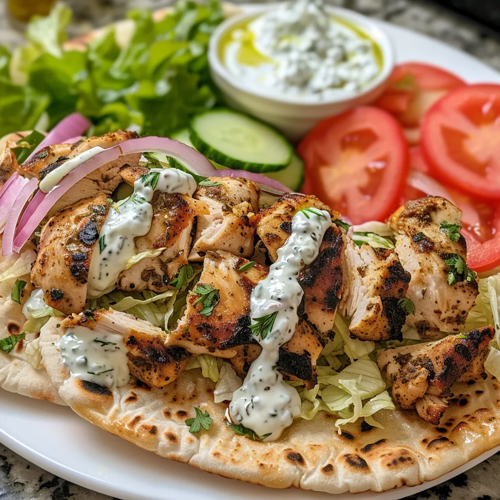 Vista lateral de un plato de gyros de pollo griego servido en un pita.