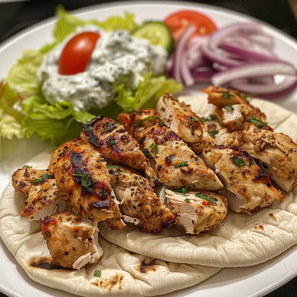 Close-up view of a Greek chicken gyros on a pita with fresh vegetables and tzatziki sauce.