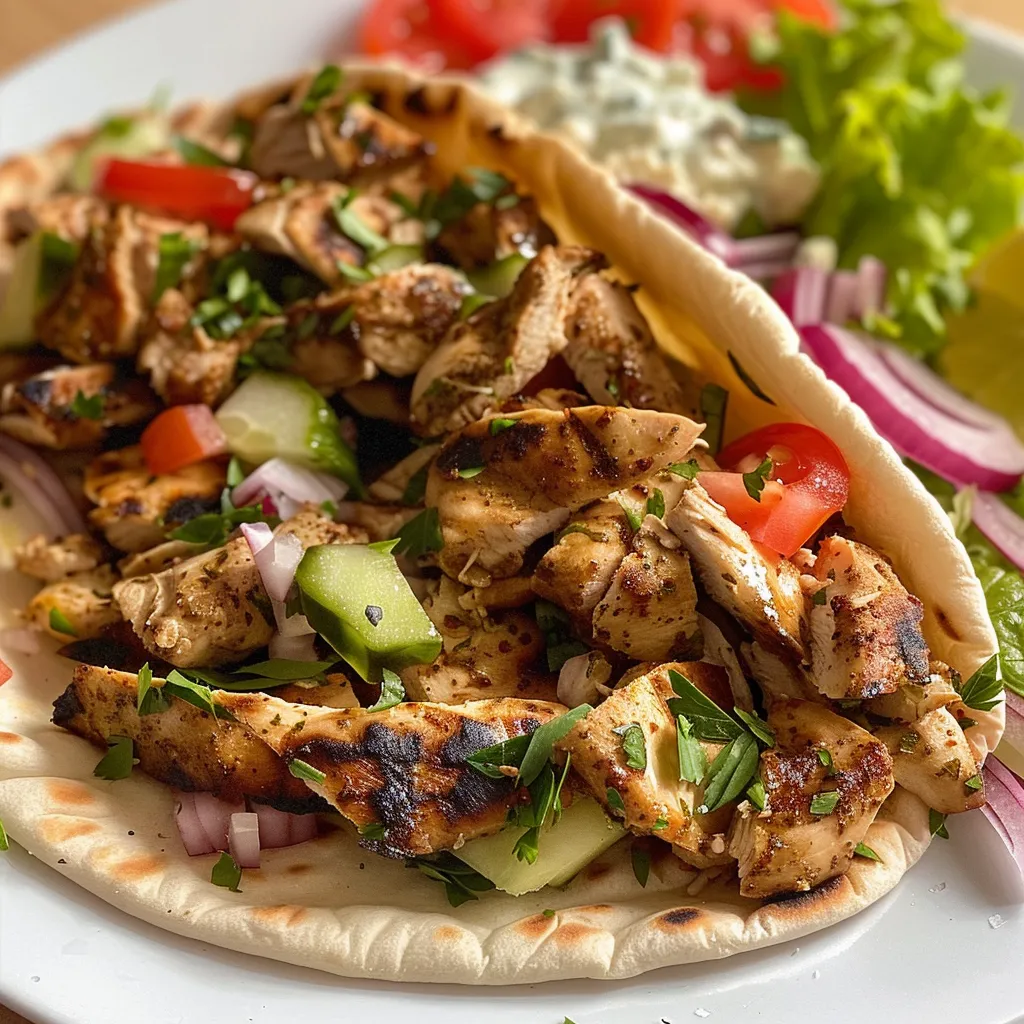 Delicious Greek chicken gyros garnished with sliced tomatoes, onions, and lettuce.