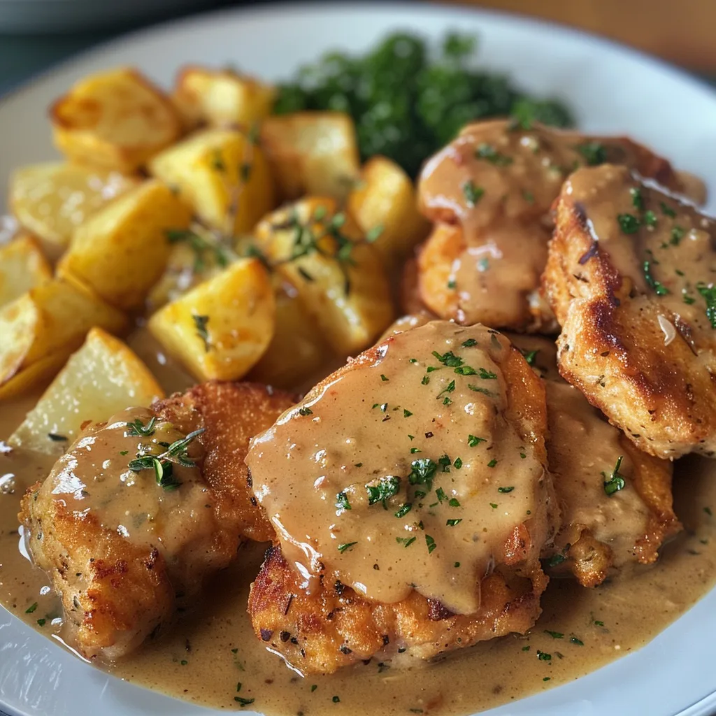 Vista lateral de un jugoso Hähnchen en salsa cremosa con trozos de papa.