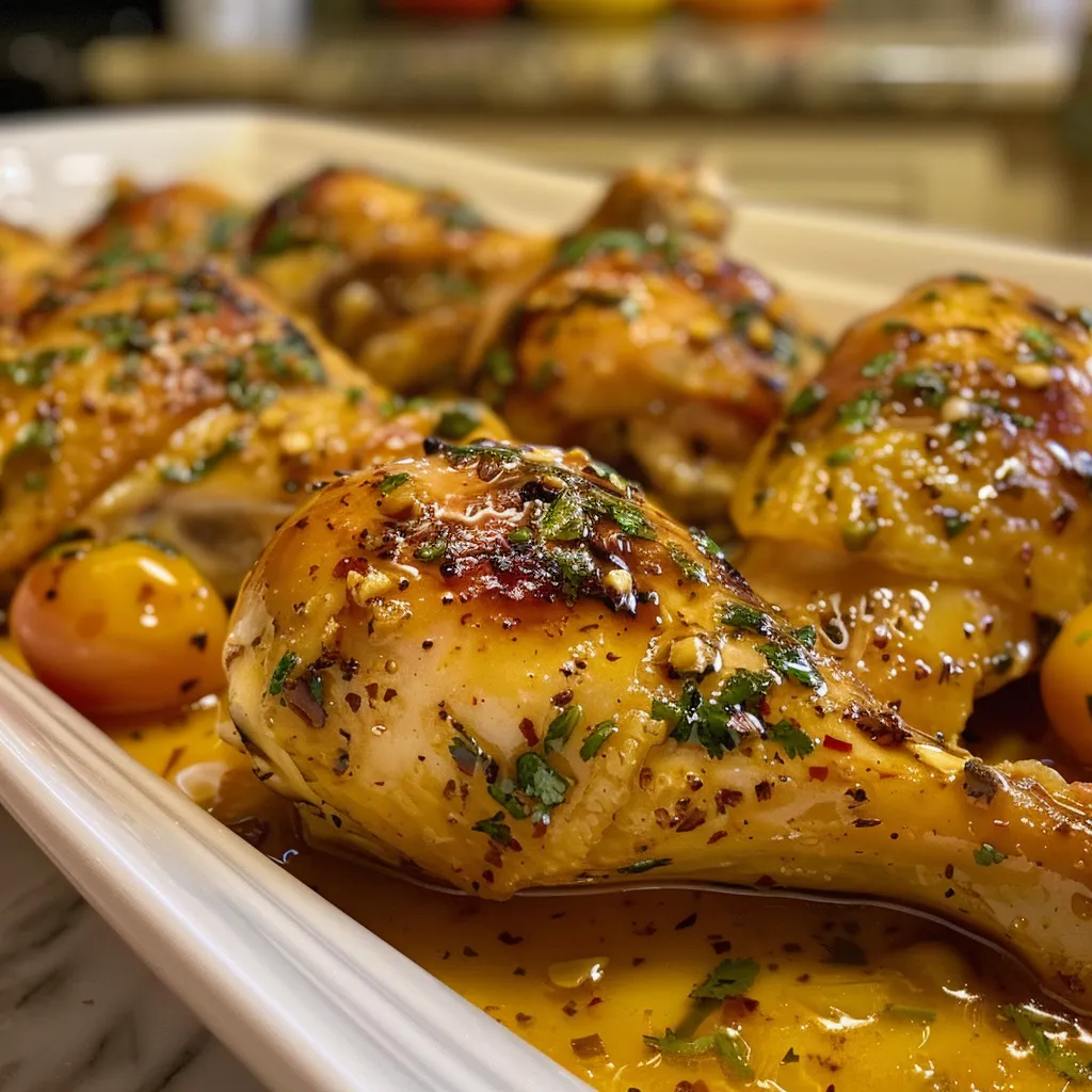 Muslos de pollo asados con tomates cherry en una bandeja.