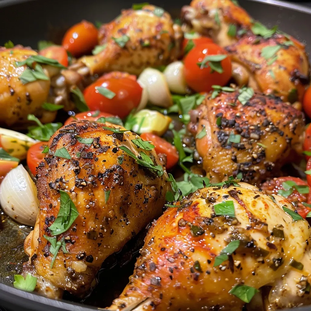 Primer plano de muslos de pollo dorados con ajo y tomates.