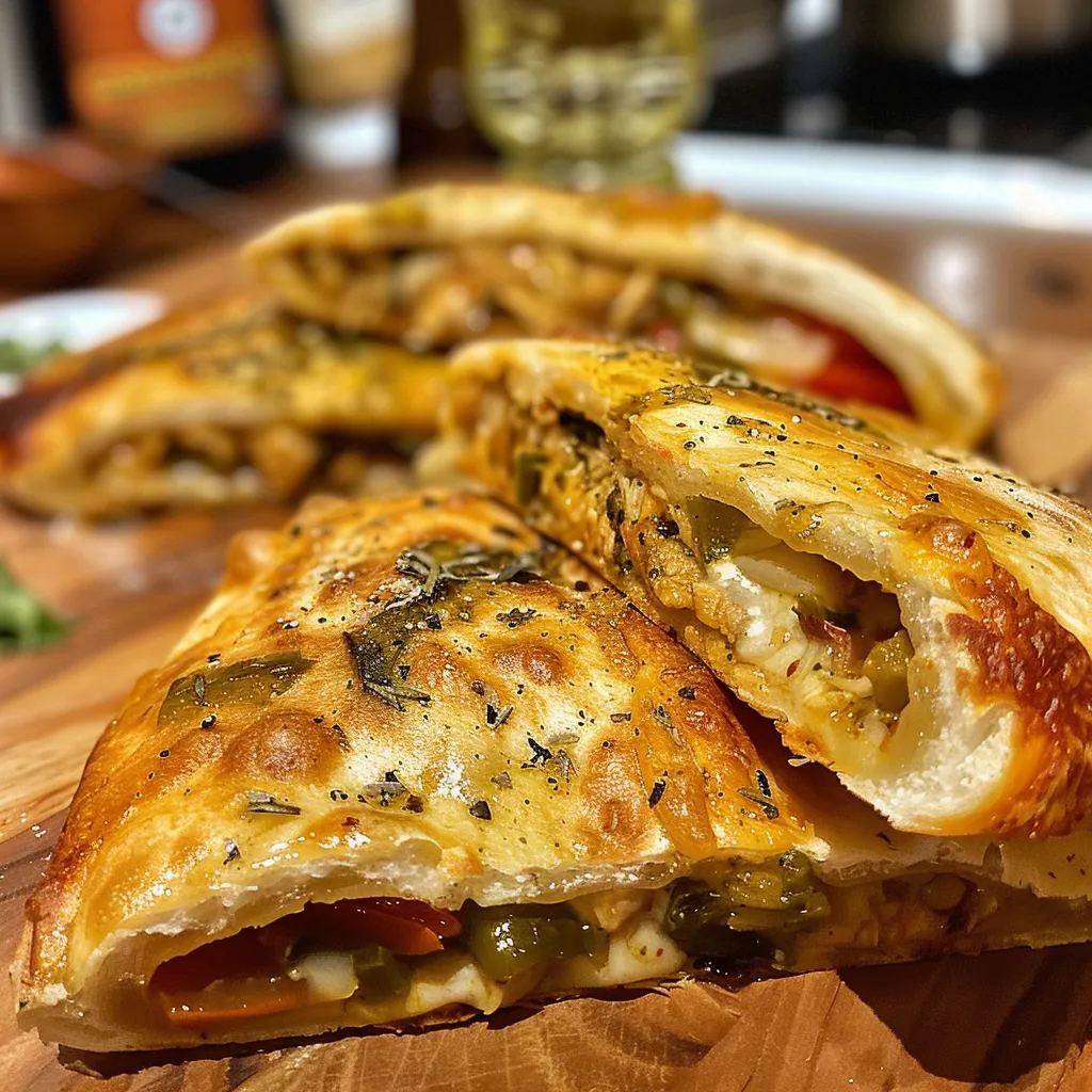 Pan de pita relleno de pollo y verduras visto de lado.