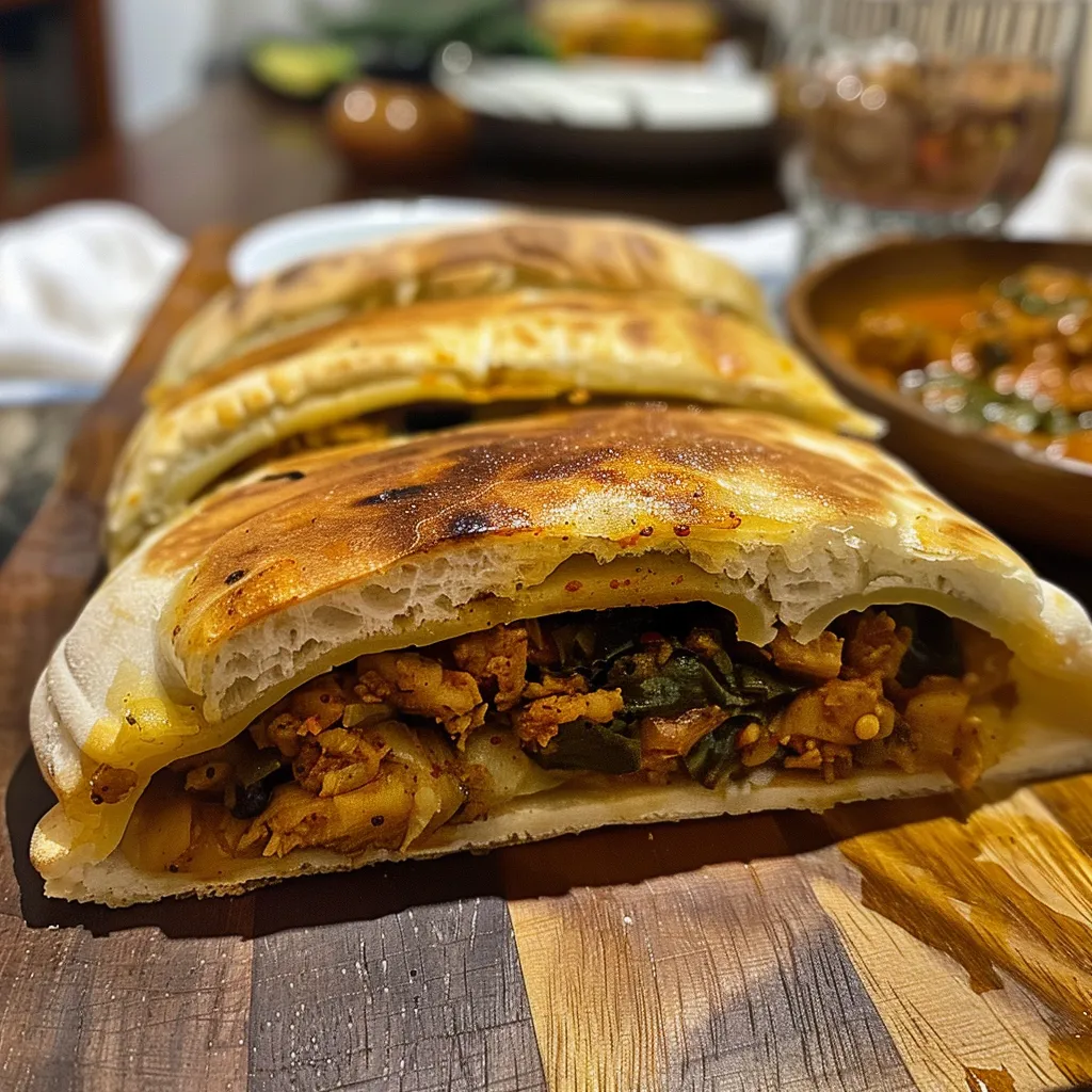 Close-up de un pan de pita con relleno jugoso de pollo especiado.