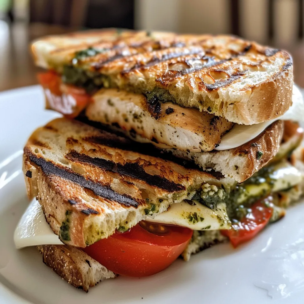 Vista lateral de un Panini de Pollo Pesto dorado y crujiente.