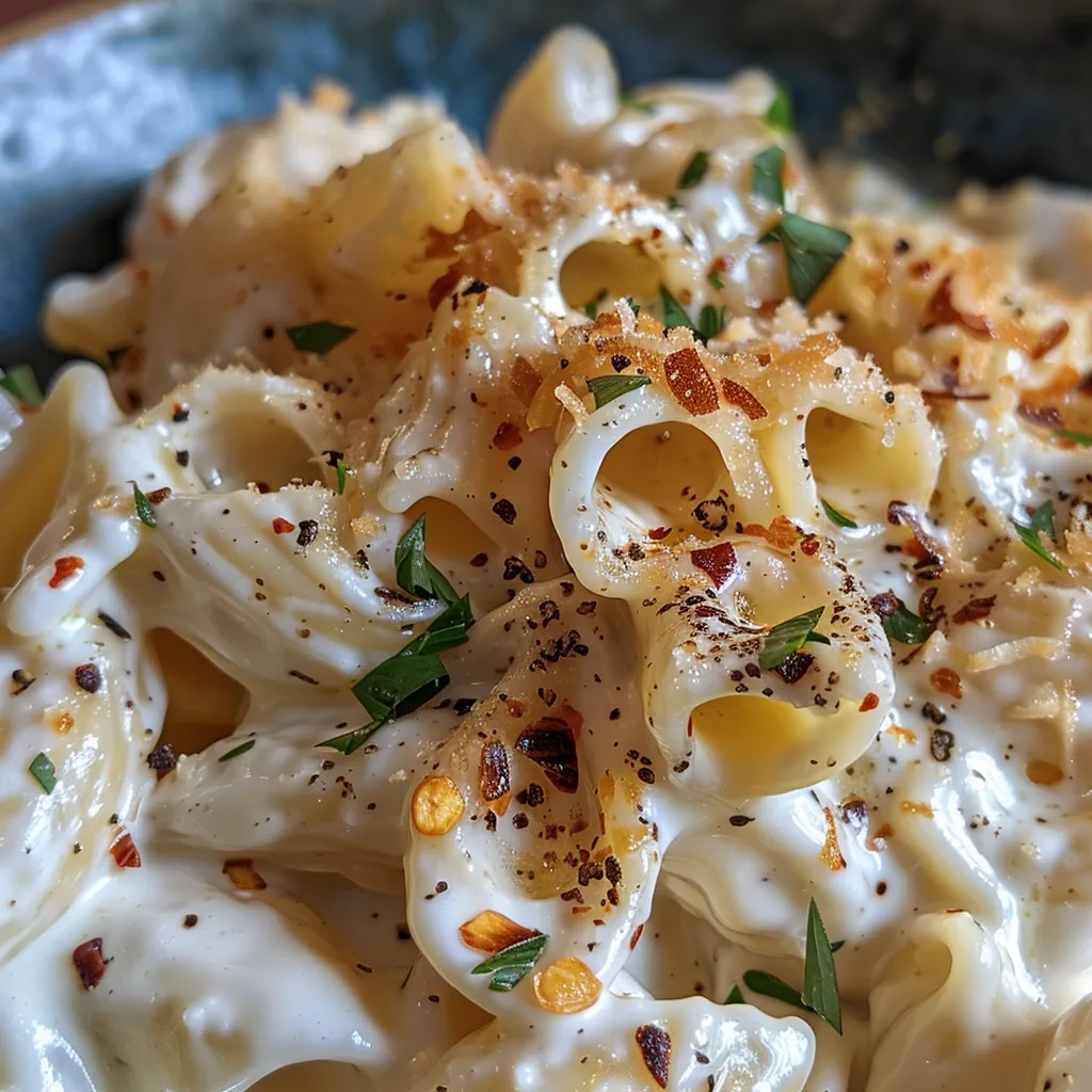 Primer plano de un plato de pasta con salsas y quesos variados.