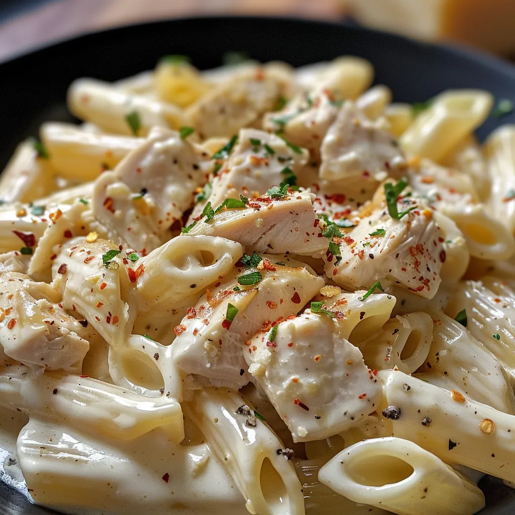 Pasta en salsa blanca cremosa con trozos de pollo y especias, vista lateral.
