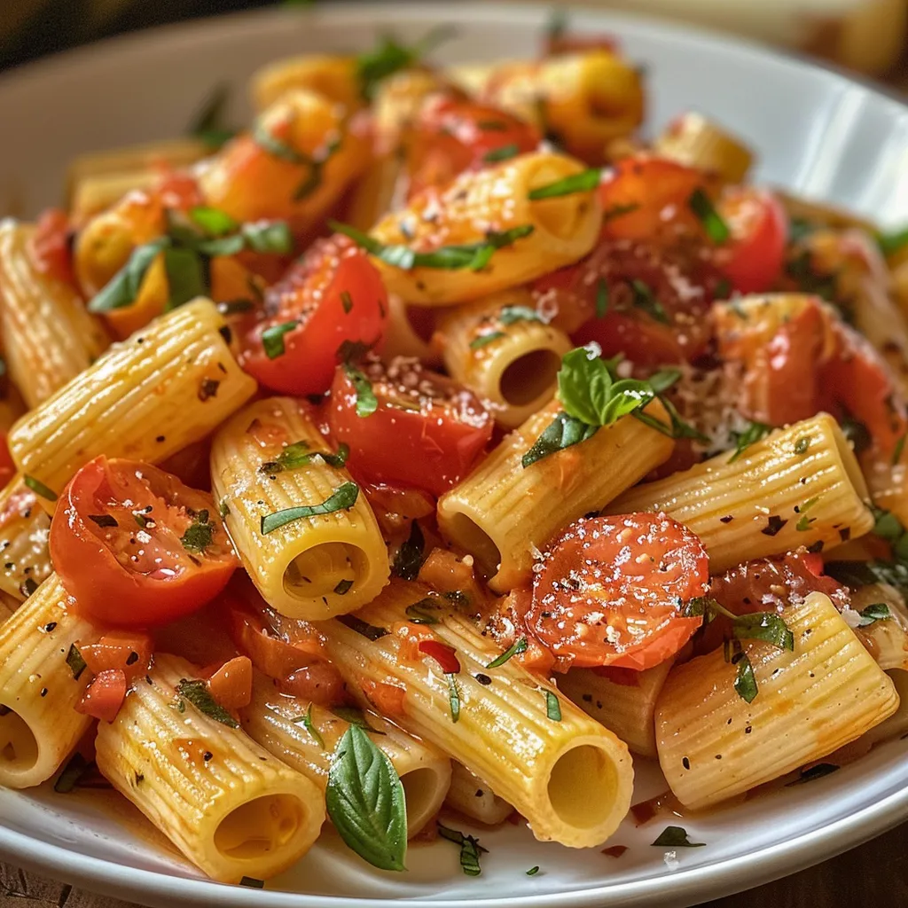 Close up de pasta con tomates cherry, ajo y albahaca en un plato.