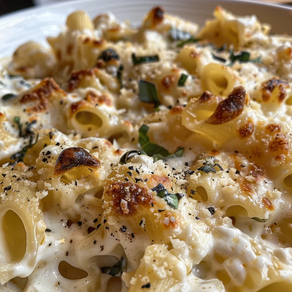 Placa de pasta cremosa con ricotta, capturada en primer plano.