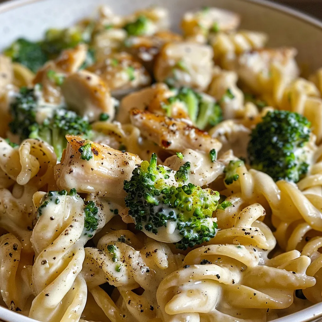 Primer plano de un plato de Pasta Cremosa de Pollo y Brócoli con fusión de colores.