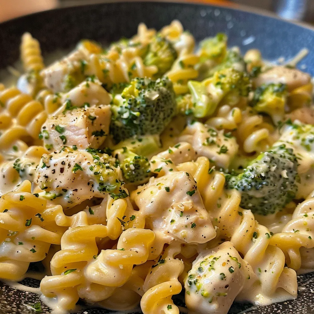 Vista lateral de una deliciosa Pasta Cremosa de Pollo y Brócoli en un plato blanco.