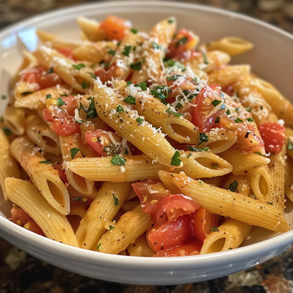 Pasta cremosa de tomate en un plato blanco, con trozos de tomate y queso parmesano.