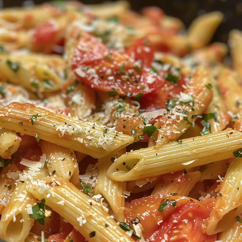 Primer plano de un plato de penne en salsa de tomate cremoso, con hierbas espolvoreadas.