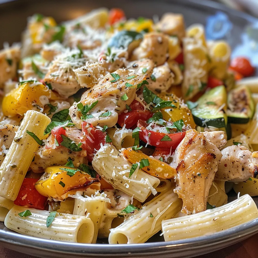 Primer plano de pasta primavera con pollo y vegetales en un plato.