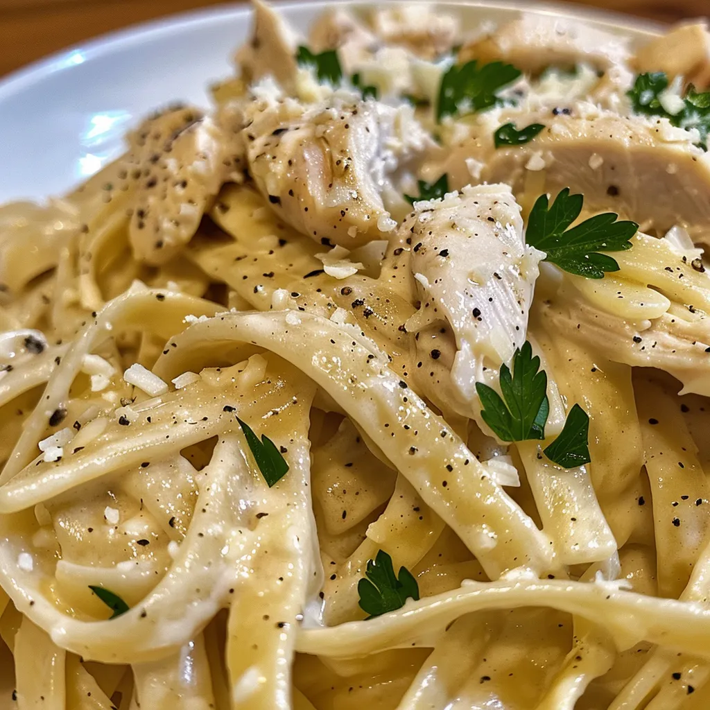 Pasta Alfredo con Pollo en un plato, con fideos cremosos y trozos de pollo.