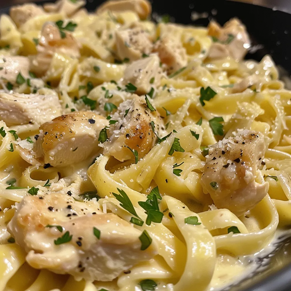 Fettuccine en salsa cremosa con trozos de pollo jugoso.