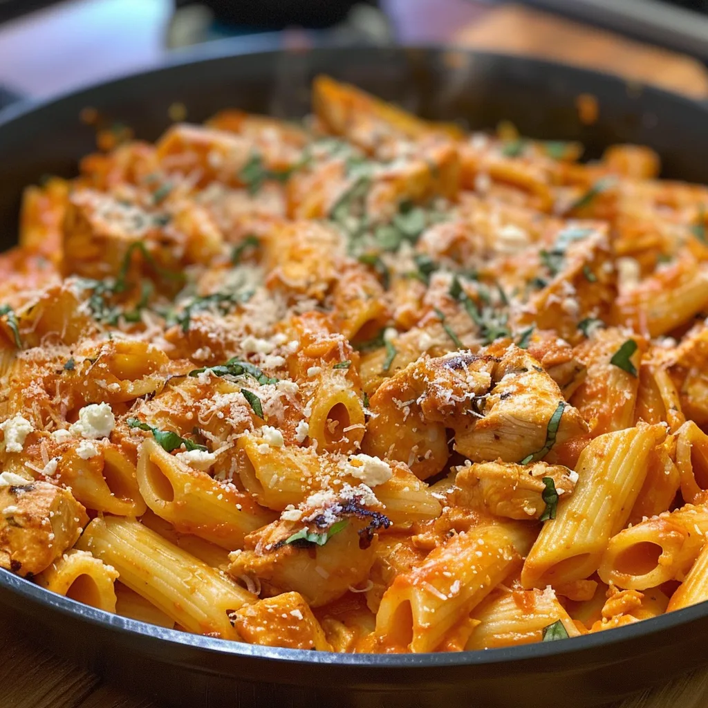 Primer plano de Pasta con Pollo al Horno con trozos de pollo y queso derretido.