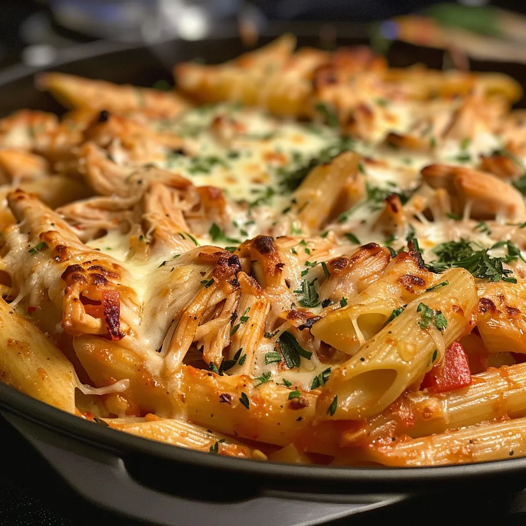 Vista lateral de un plato humeante de Pasta con Pollo al Horno con ingredientes frescos.