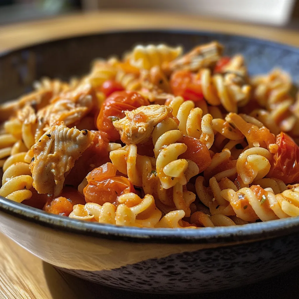 Tazón de pasta con trozos de pollo cubiertos en salsa de tomate.