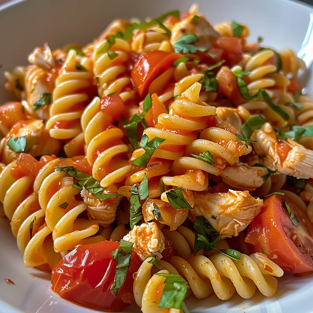 Pasta con pollo en salsa de tomate presentada en un plato blanco.