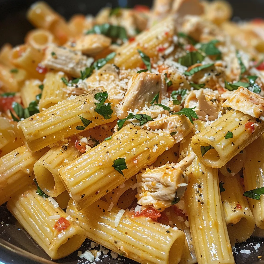 Primer plano de un plato de pasta con pollo y ricotta, presentado de manera apetitosa.