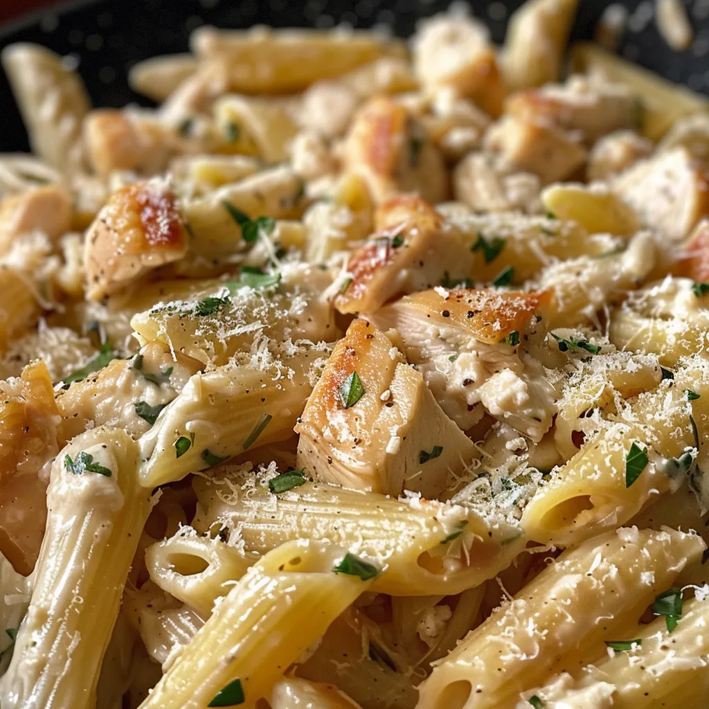 Vista lateral de pasta con pollo y ricotta, mostrando su textura cremosa y los ingredientes frescos.