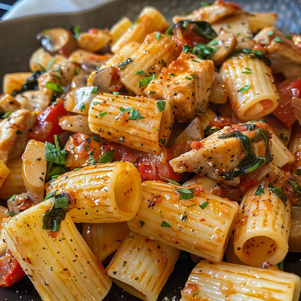 Un primer plano de un plato de Pasta con Pollo y Tomate con ingredientes frescos.