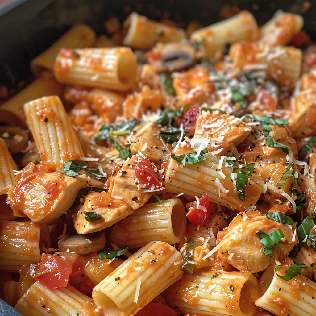 Plato de pasta con pollo y tomate, con salsa roja y espinacas.