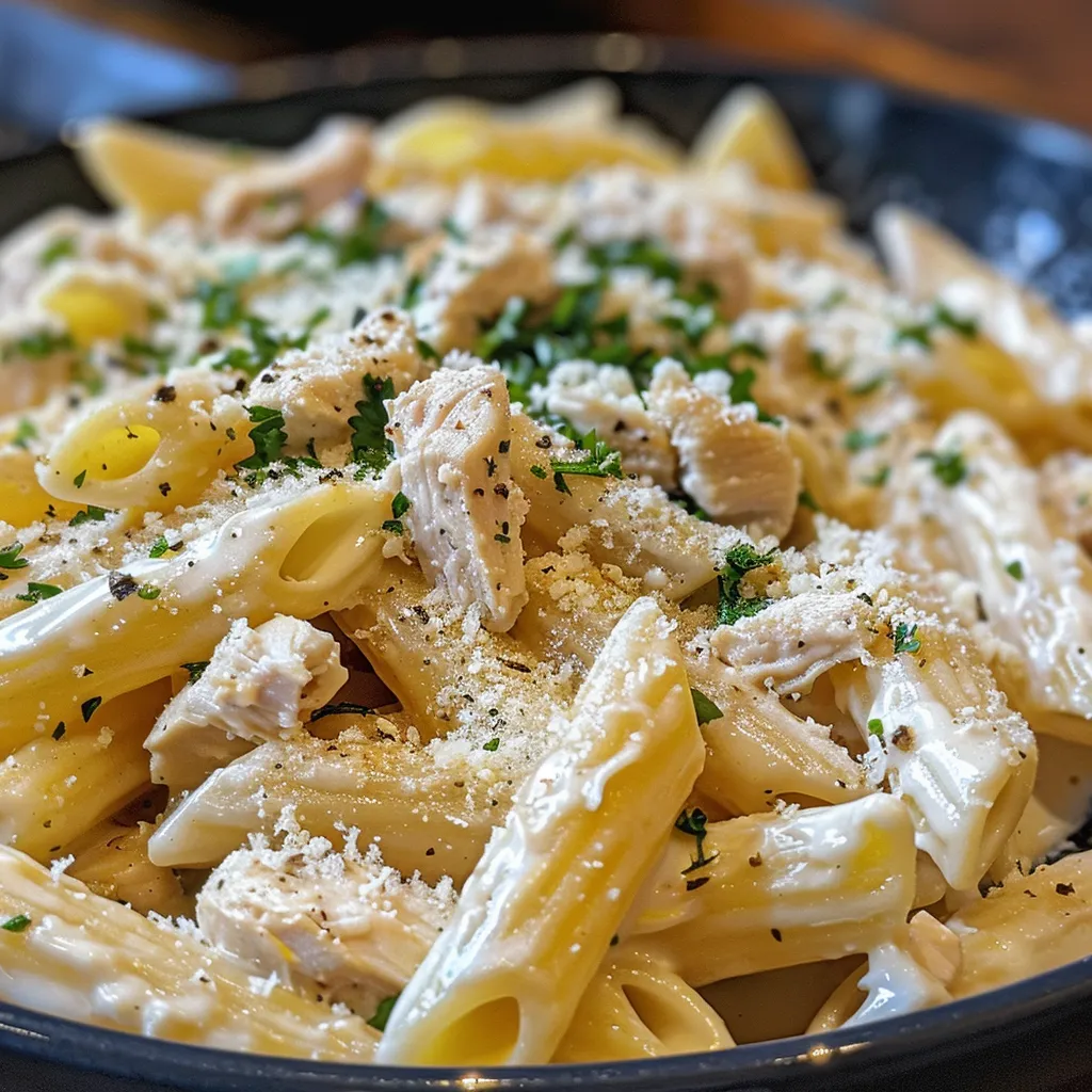 Taza de pasta penne con pollo y salsa de ricotta.
