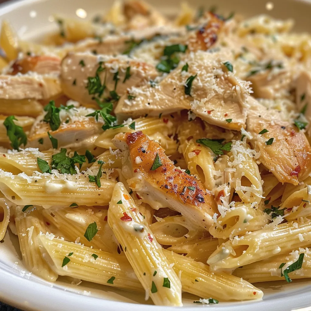 Plato cercano de pasta con pollo y crema de ricotta.