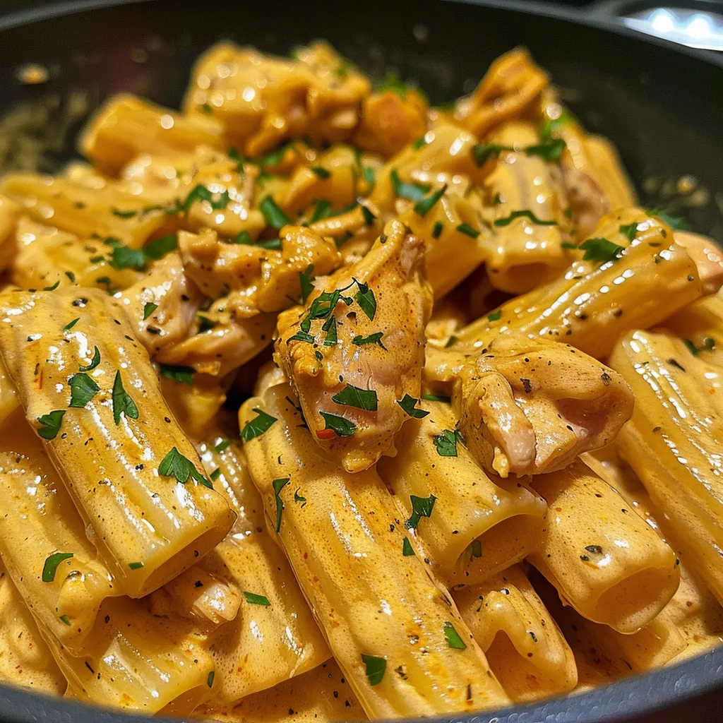Close-up of creamy pasta with chicken pieces and a rich sauce.