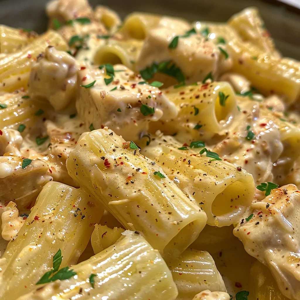 Side view of Pasta Cremosa con Pollo topped with grated parmesan.