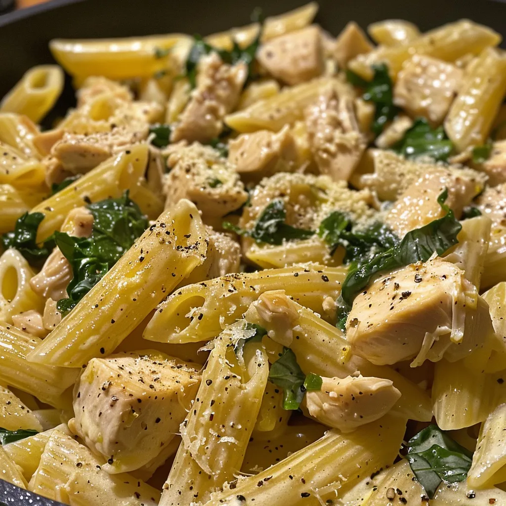 Vista lateral de pasta con trozos de pollo y espinacas, decorada con queso.