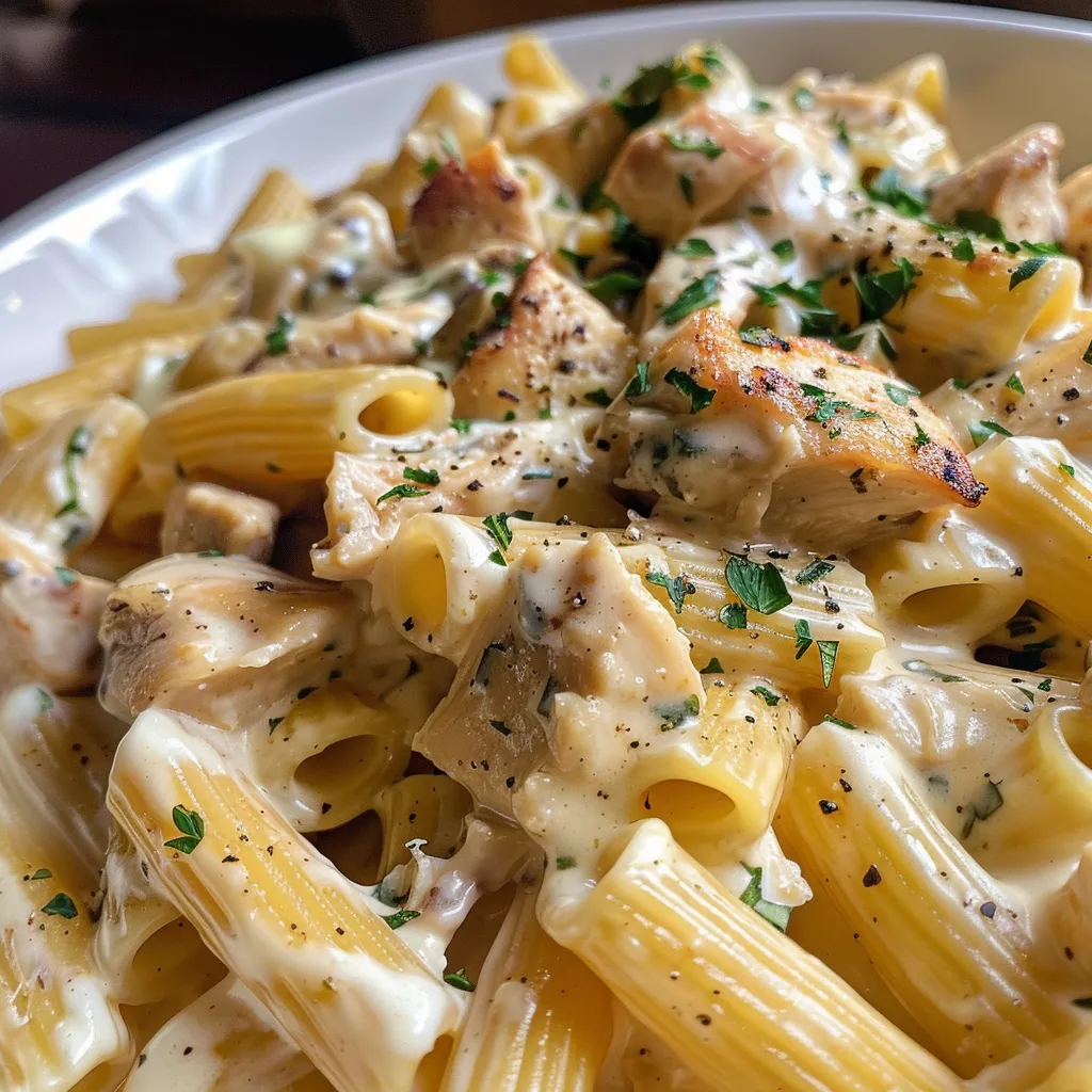 Pasta cremosa con pollo y queso en un plato, vista lateral.