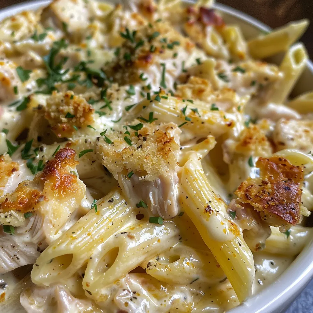 Tazón de pasta cremosa de pollo y queso, mostrando la textura cremosa.