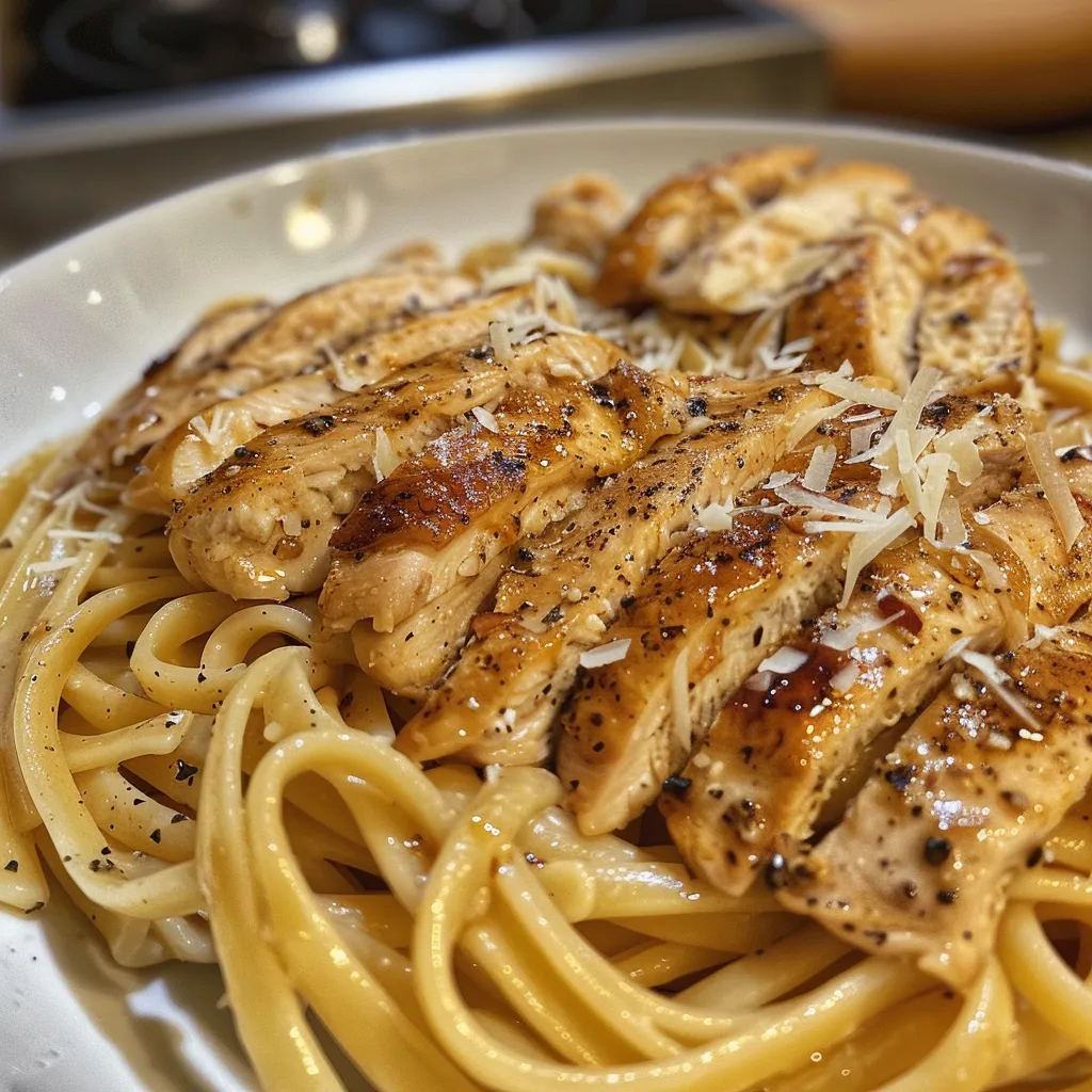 Tazón de pasta de pollo con ingredientes coloridos, textura jugosa.