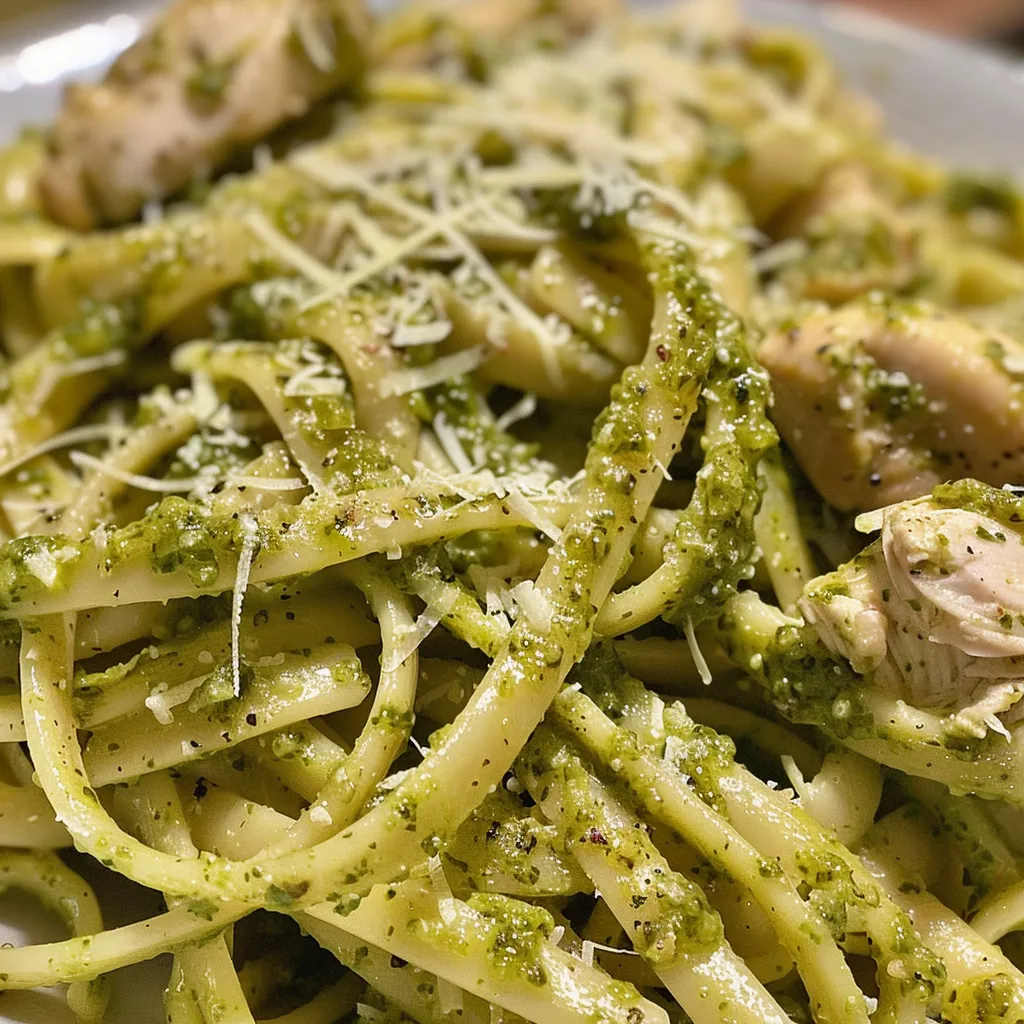 Primer plano de un plato de Pasta de Pollo con Pesto.