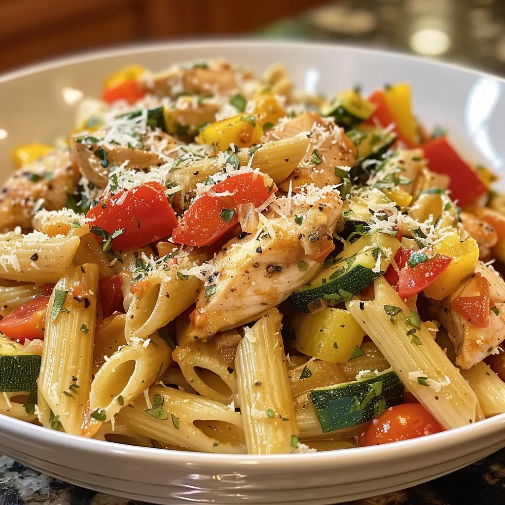 Primer plano de un plato de Pasta Primavera con pollo, mostrando trozos de pollo y verduras frescas.