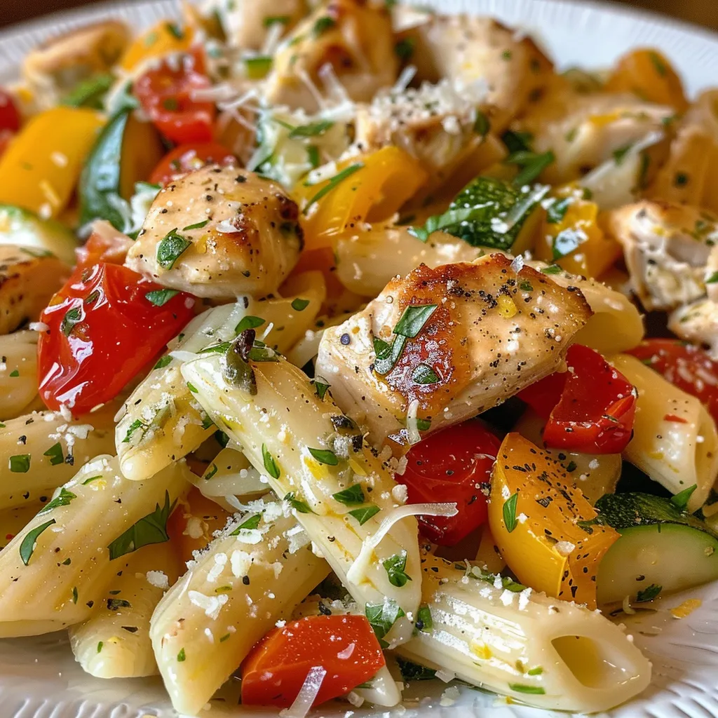 Vista lateral de un delicioso plato de Pasta Primavera con pollo, con colores vibrantes de verduras.