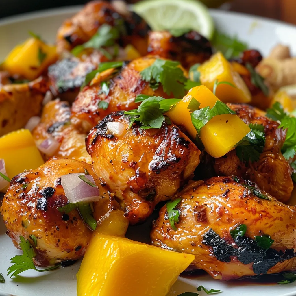 Pechugas de pollo doradas bañadas en salsa de mango.
