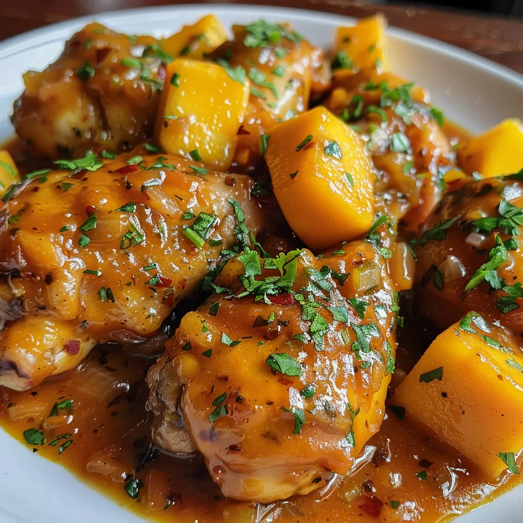 Vista lateral de pechugas de pollo en una salsa amarilla de mango.