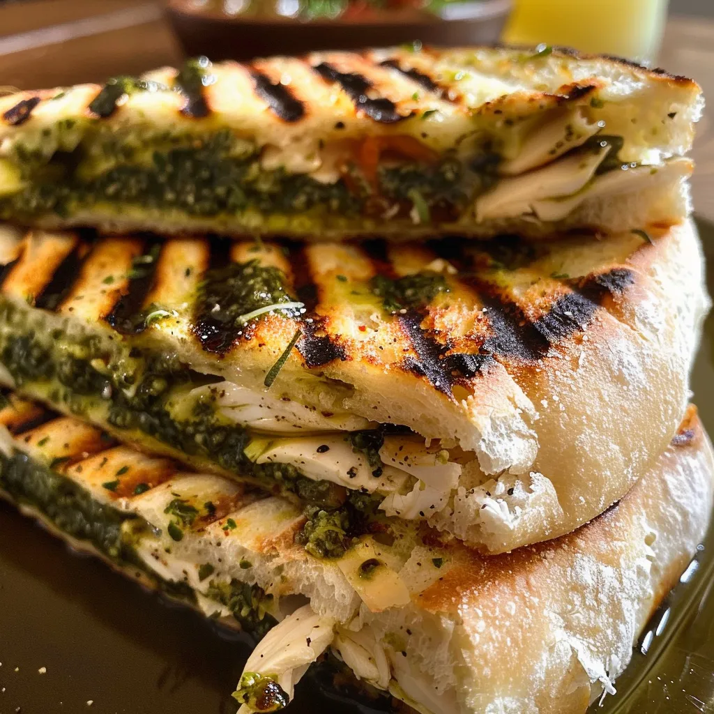 Panini de pollo con pesto, mostrando ingredientes frescos y texturas jugosas.
