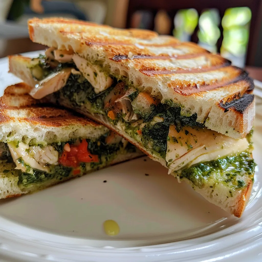 Vista lateral de un Pesto-kip panini, con pan dorado y relleno verde vibrante.
