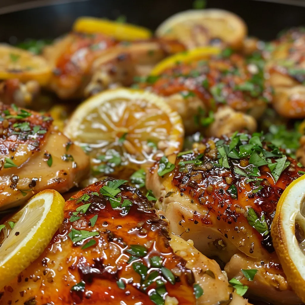 Primer plano de poitrines de pollo glaseadas con miel y jugo de limón.