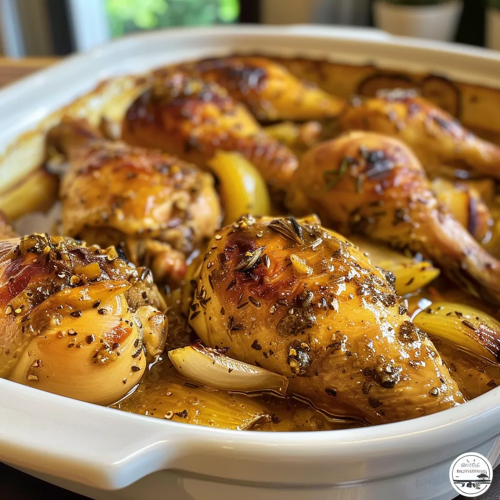 Vista lateral de un plato de Pollo a la Mostaza, jugoso y tentador.