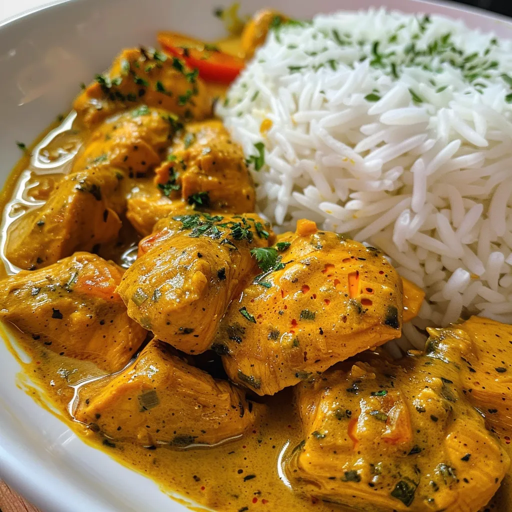 Close up de Pollo al curry servido con arroz basmati.