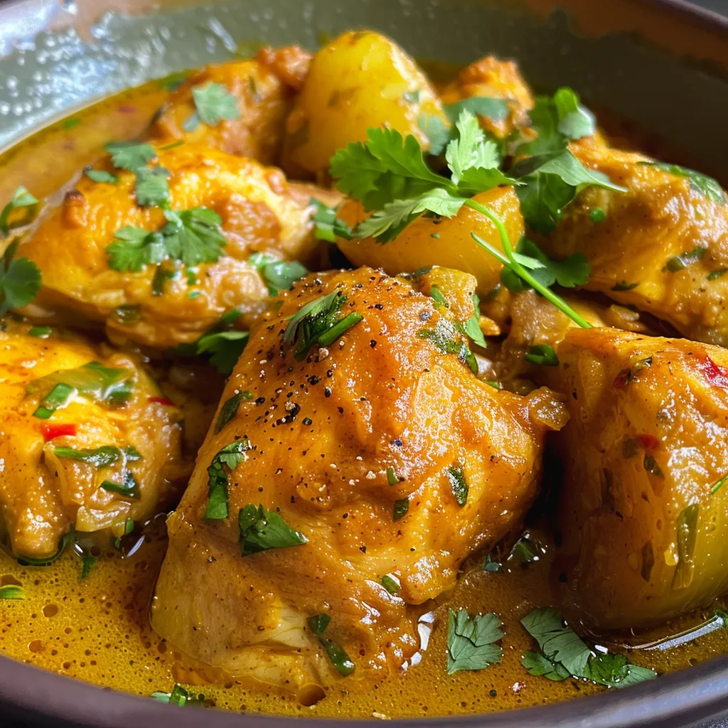 Primer plano de un plato de Pollo al curry, con trozos de pollo jugoso y salsa cremosa.